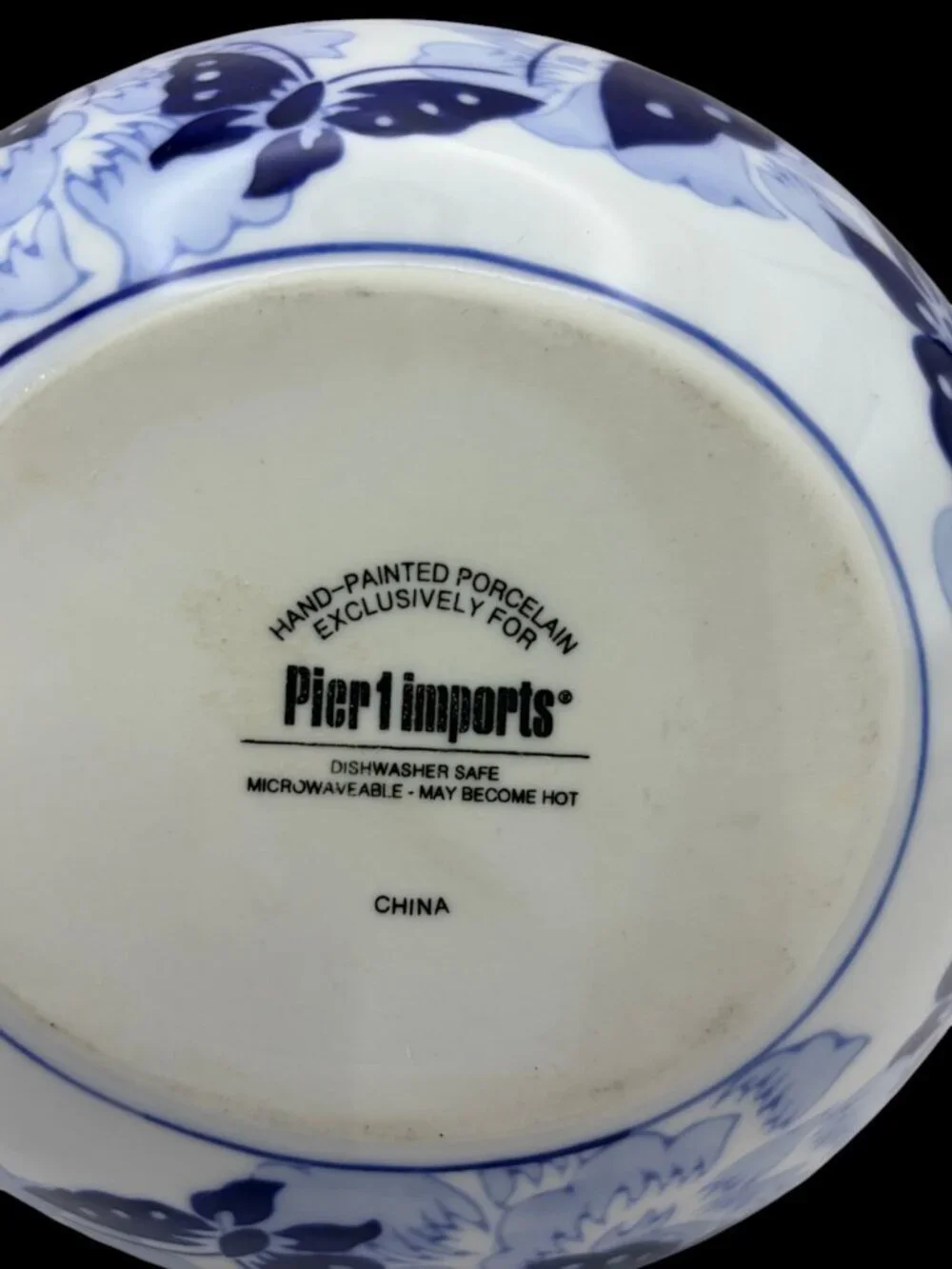 Pier 1 Imports Hand Painted Porcelain Teapot Blue White Floral Butterfly W\Lid